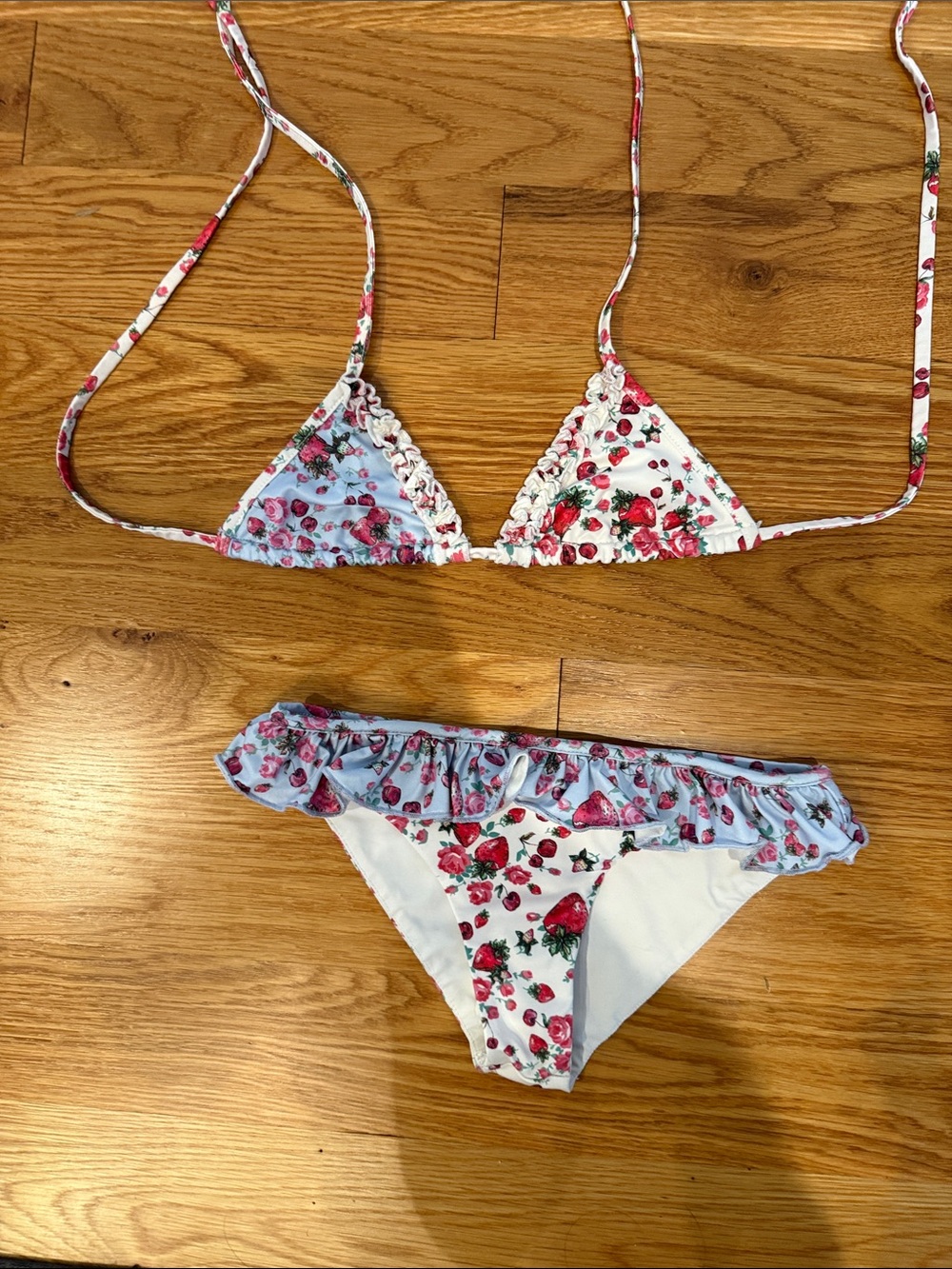 LoveShackFancy Girls Floral Ruffle Two-Piece Bikini - White, Pink, Light Blue
